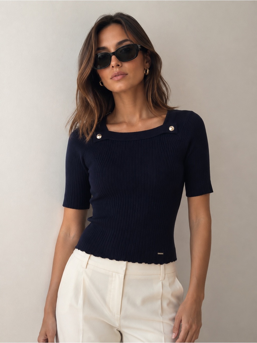 T Tahari Navy Short Sleeve Top